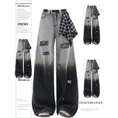 休闲百搭破洞阔腿长裤 胖mm大码 新款 女秋季 渐变色设计感黑色牛仔裤