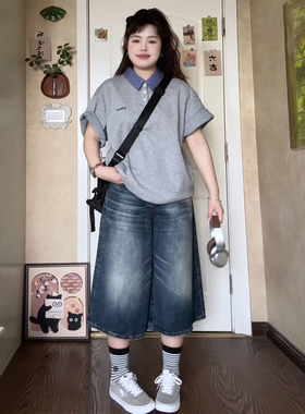 特大码胖mm韩版学生短袖t恤女夏季宽松显瘦POLO衫设计感百搭上衣