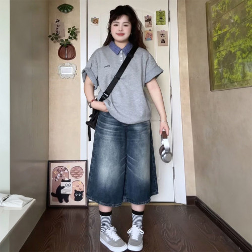 300斤大码女装小众翻领格子上衣