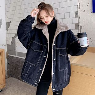 休闲宽松保暖棉服 韩版 300斤大码 胖mm加绒加厚牛仔外套女秋冬新款