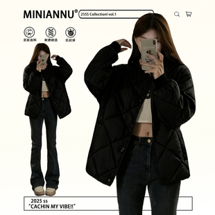 菱格拼接设计感开衫 胖mm黑色加厚保暖棉服外套女新款 上衣 女装 大码