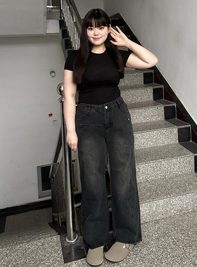 300斤大码美式复古直筒牛仔裤女胖mm秋季黑色宽松显瘦裤子阔腿裤