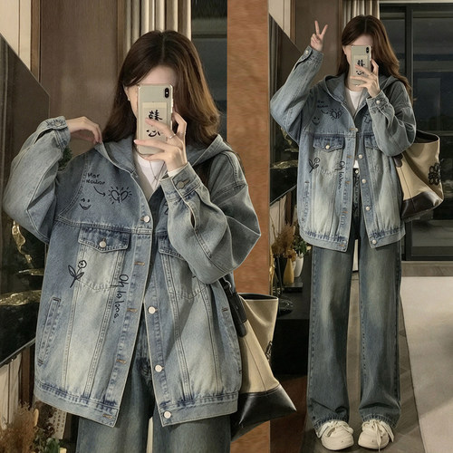 大码胖mm休闲翻领减龄牛仔外套女