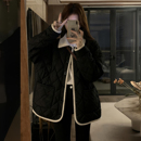 胖mm特大码 加厚保暖菱格棉服上衣 黑色小熊刺绣翻领二棉外套女冬季