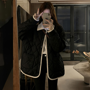 胖mm特大码 加厚保暖菱格棉服上衣 黑色小熊刺绣翻领二棉外套女冬季