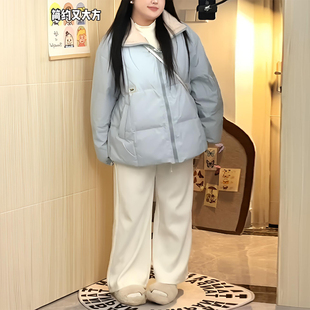 保暖宽松小个子减龄厚外套 胖mm韩系穿搭浅蓝色棉服女冬季 大码 女装