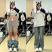 特大码 子 女胖mm绑带设计感马蹄裤 女装 蓝色高街弹力加绒微喇牛仔裤