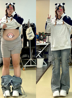 胖mm大码女装蓝色高街弹力微喇牛仔裤女高级感绑带设计感马蹄裤子