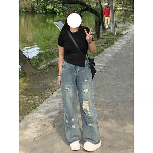 胖mm大码女装梨形身材破洞牛仔裤