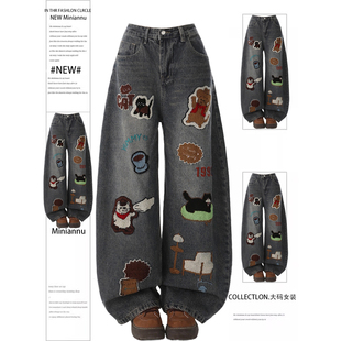 高街风小众弯刀阔腿裤 女秋季 子 胖mm复古辣妹卡通刺绣牛仔裤 特大码