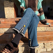 女复古弹力开叉毛边九分直筒裤 胖mm大码 子 型超好看 牛仔裤 女装 版