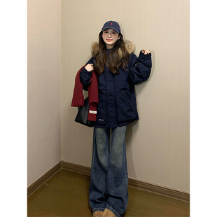 300斤特大码 派克服女韩系甜美学院风藏青色棉服外套 胖mm加厚工装