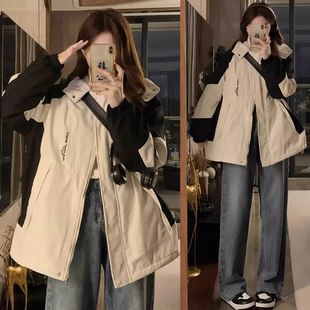 遮肉显瘦连帽冲锋衣外套 胖mm米色加厚保暖学生棉衣女冬季 大码 女装