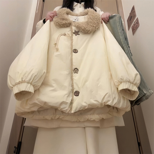 大码 韩系学院风羊羔毛翻领棉服女胖mm宽松加厚保暖面包服外套 女装