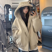 胖mm大码 女装 杏色加绒加厚连帽棉服上衣女秋冬宽松显瘦慵懒风棉衣