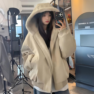 胖mm大码 杏色加绒加厚连帽棉服上衣女秋冬宽松显瘦慵懒风棉衣 女装