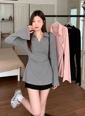 特大码女装胖mm休闲长袖T恤女2025新款收腰显瘦v领设计感内搭上衣