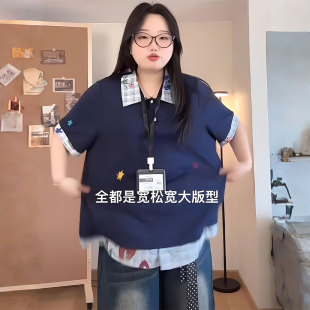 t恤女韩系漂亮独特格纹拼接上衣 胖mm学院风假两件短袖 特大码 女装
