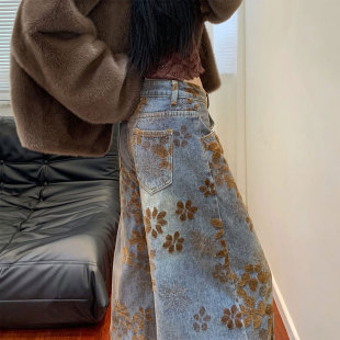 女小个子学生提花设计直筒裤 胖mm特大码 穿搭蓝色牛仔裤 美式 子 女装