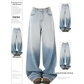 高级感渐变毛边直筒裤 胖mm大码 女2026新款 韩系浅蓝色牛仔裤 子 女装