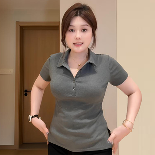 300斤特大码 百搭翻领上衣 收腰显瘦开叉正肩短袖 t恤女胖mm灰色时尚