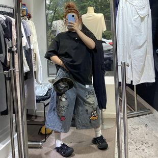 女胖mm减龄气质短裤 300斤大码 复古高街阔腿牛仔七分裤 美式 子 女装