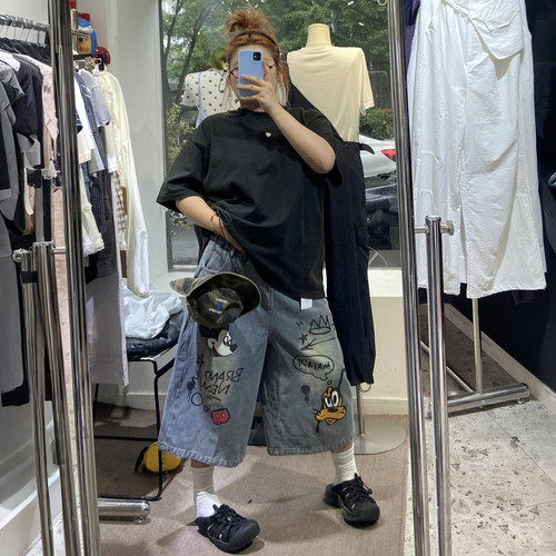 特大码女装美式趣味印花牛仔短裤