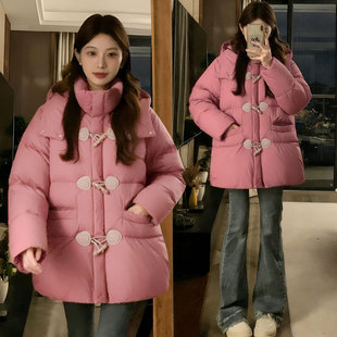 牛角扣设计保暖厚棉服女 外套2025新款 特大码 胖mm韩系穿搭连帽女装