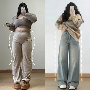 不贴腿直筒裤 大码 女胖mm梨形报恩裤 蓝色百搭高腰烫钻牛仔裤 子 女装