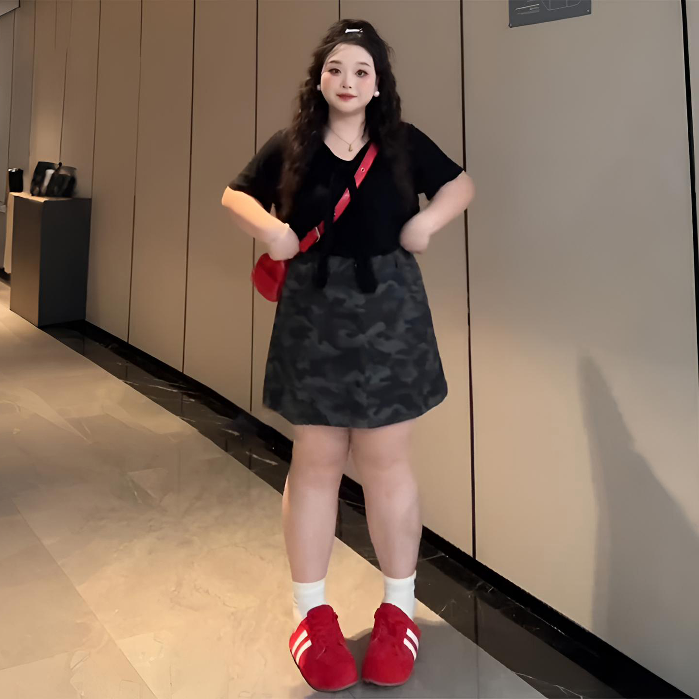 特大码美式复古迷彩色牛仔短裙女胖mm梨型身材遮胯显瘦a字半身裙