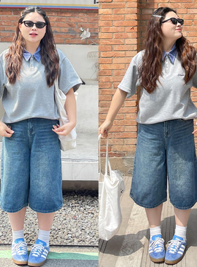 300斤特大码女装胖mm蓝色牛仔短裤女夏季裤子韩版宽松百搭七分裤