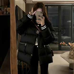 条纹拼接立领棉服上衣 黑色加厚保暖面包服外套女冬季 胖mm大码 女装