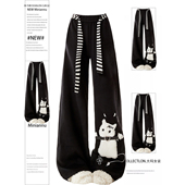 女装 胖mm可爱猫咪刺绣阔腿卫裤 女秋季 大码 休闲百搭黑色直筒长裤 子