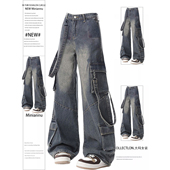 女装 女新款 胖mm美式 大码 辣妹风工装 牛仔裤 高腰显瘦多口袋阔腿裤 子