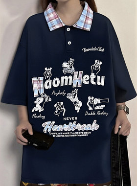 胖mm特大码设计感卡通印花蓝色短袖t恤女学院风炸街独特漂亮上衣