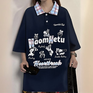 胖mm特大码 t恤女学院风炸街独特漂亮上衣 设计感卡通印花蓝色短袖