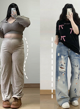 300斤特大码美式涂鸦蓝色破洞阔腿牛仔裤女胖mm今年流行超火裤子
