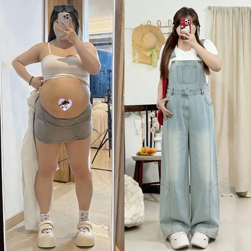 特大码女装休闲学院风牛仔背带裤