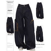 女装 辣妹风学生工装 牛仔裤 300斤大码 女胖mm复古高街弯刀阔腿裤 子