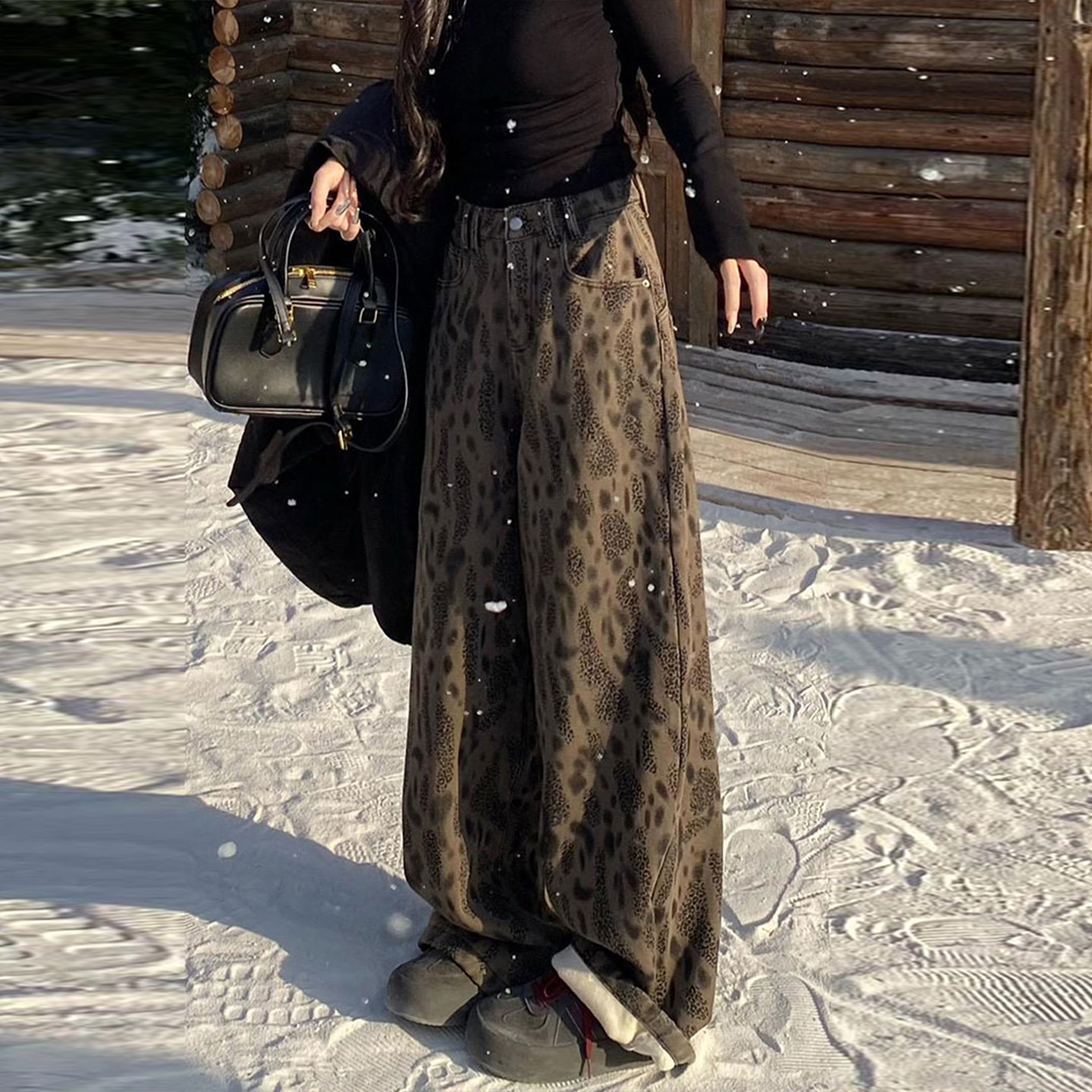 大码女装胖mm复古豹纹阔腿牛仔裤女2025冬季高腰宽松垂感直筒长裤,女装/女士精品,大码裤装,淘宝优惠券,粉丝福利购,淘宝优惠卷