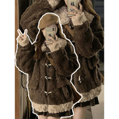 特大码 女装 牛角扣羊羔毛棉衣女秋冬胖mm减龄保暖棕色毛绒棉服外套