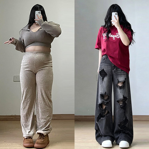 胖mm大码女装辣妹风宽松破洞裤女
