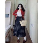 黑色波点半身裙女胖mm春秋新款 300斤大码 女装 开叉裙子显瘦a字半裙