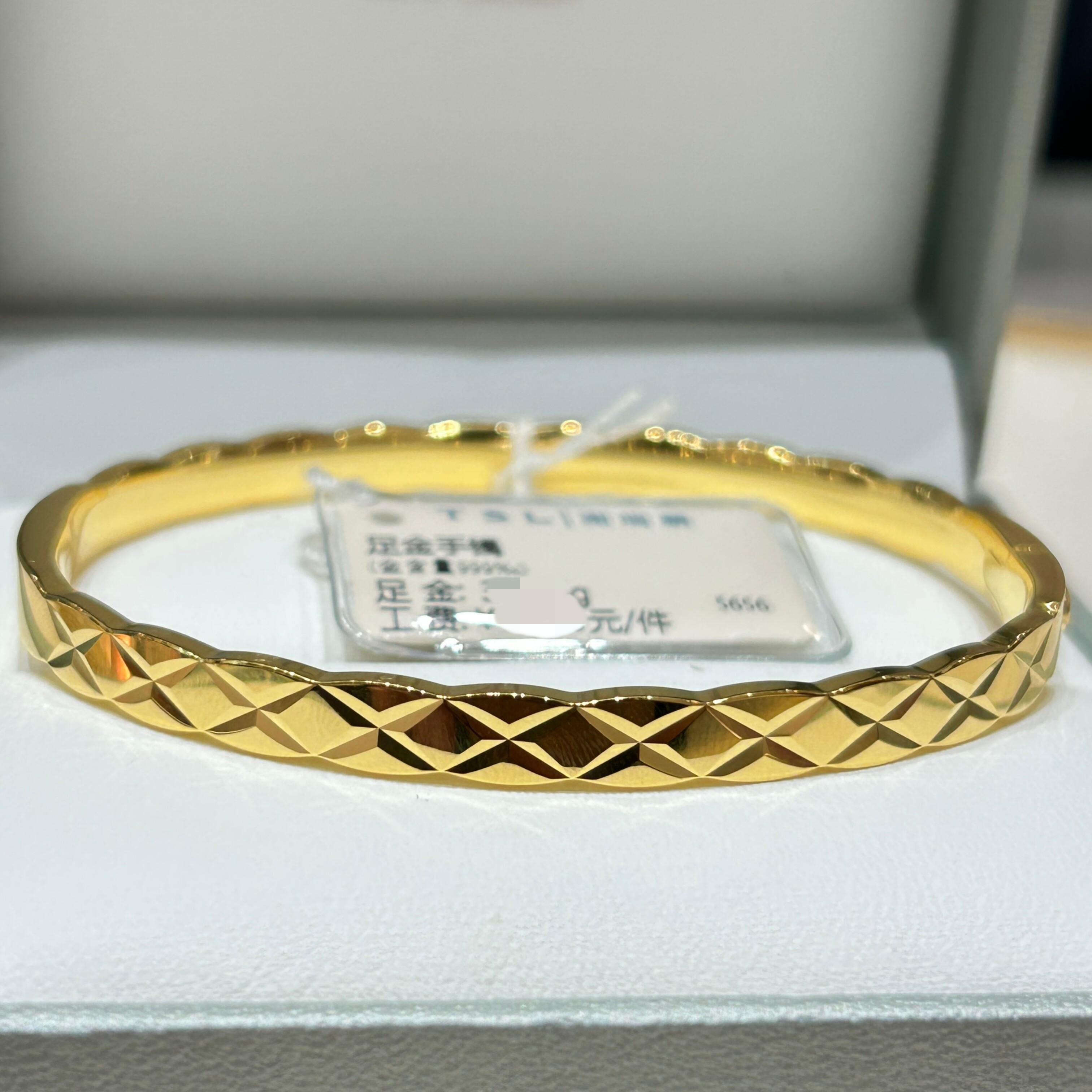 TSL谢瑞麟代购 足金999光面棱格纹黄金手镯女 简约百搭专柜正品