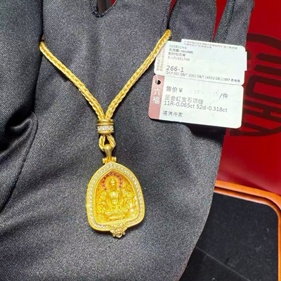 六福珠宝代购 福满传家佛像足金999黄金红宝石项链 新款专柜正品