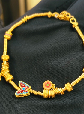 六福珠宝代购 福满传家蝴蝶恋花盘缠足金黄金手链 新款专柜正品