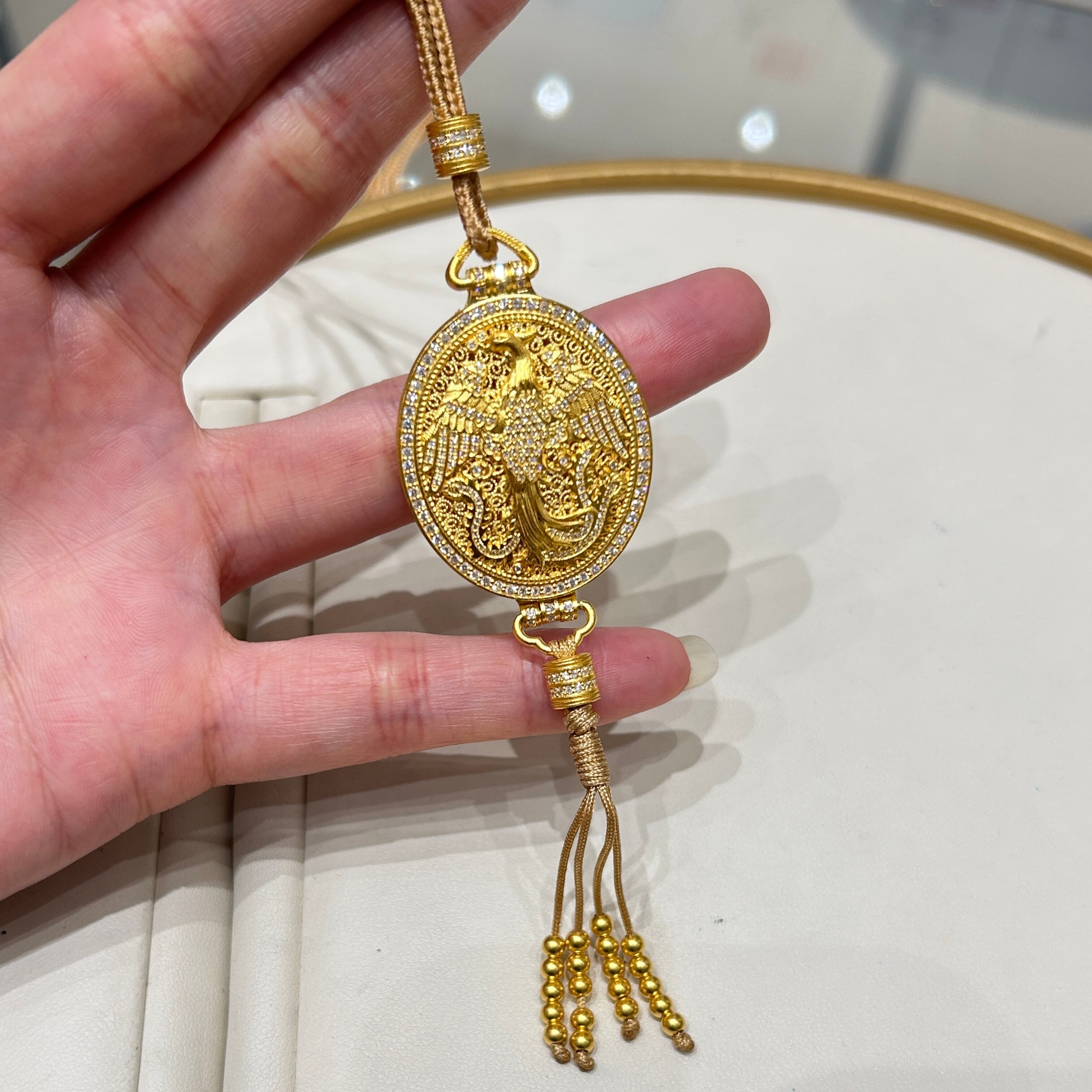 TSL谢瑞麟代购 足金999凤牌香囊流苏黄金钻石吊坠挂坠 专柜正品