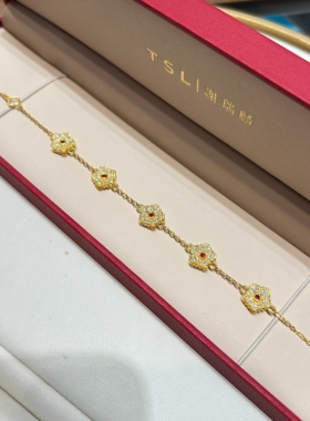TSL谢瑞麟代购 足金999五花红宝石黄金钻石手链手串女 专柜正品