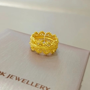 六福珠宝代购 足金999女王皇冠戒指蕾丝黄金戒指 新款专柜正品