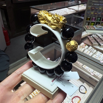 六福珠宝代购 足金钱币金珠貔貅黄金黑珠手链手串 新款专柜正品